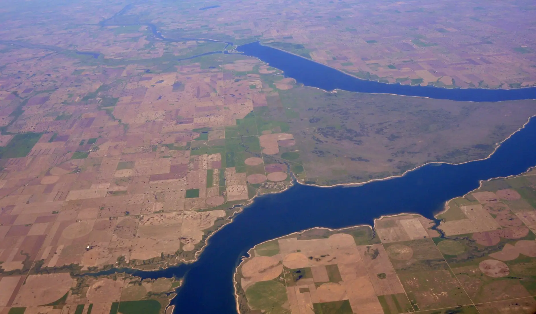 Aerial view of Lake Diefenbaker and surrounding farmland